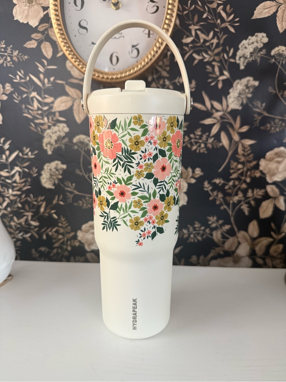 Hydrapeak Artisan Collection Cream Floral Insulated Water Bottle with Top Handle